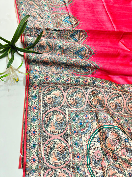 Tussar Silk Madhubani - PINK