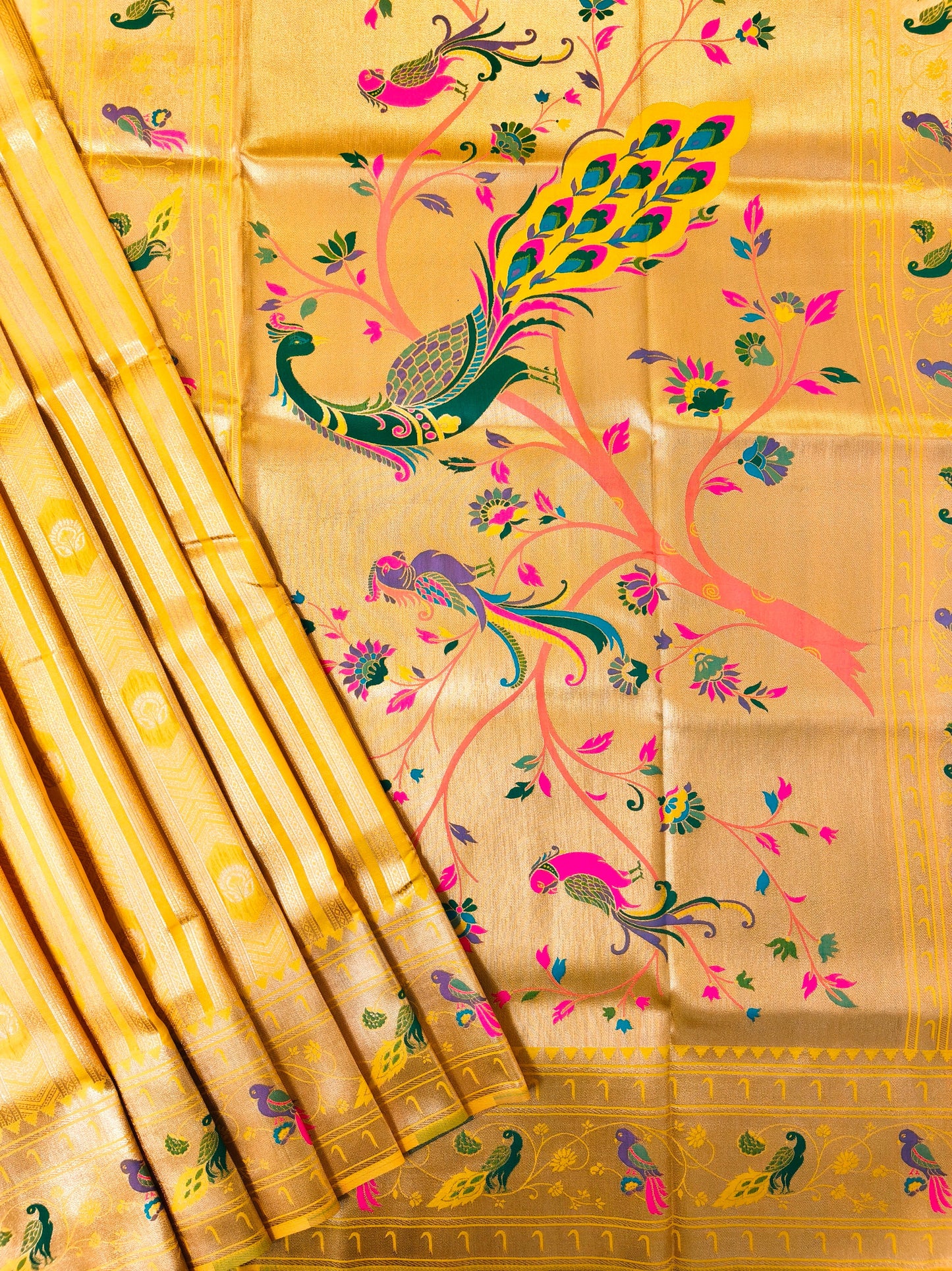 Banarsi Paithani Copper Zari Silk Saree- Yellow