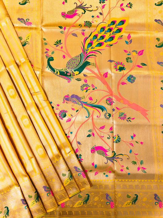 Banarsi Paithani Copper Zari Silk Saree- Yellow