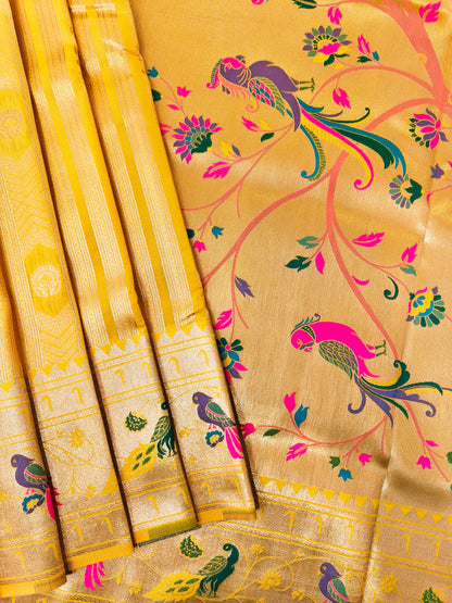 Banarsi Paithani Copper Zari Silk Saree- Yellow