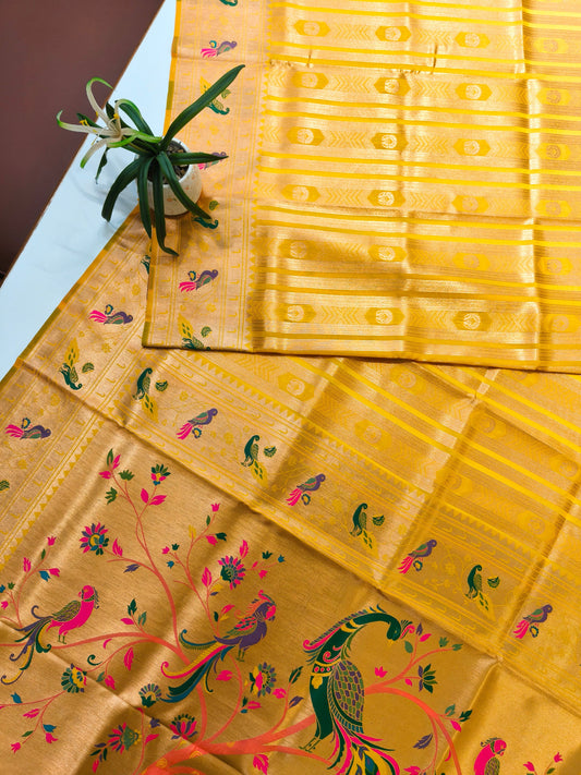 Banarsi Paithani Copper Zari Silk Saree- Yellow