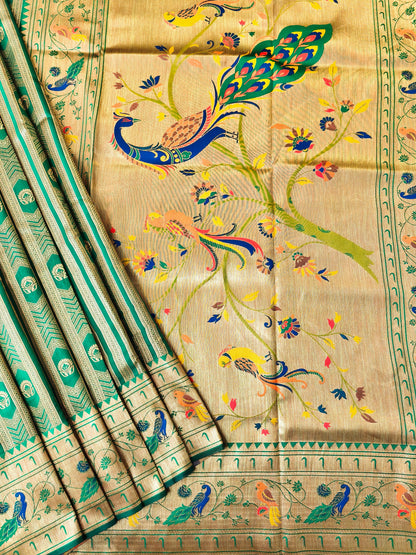 Banarsi Paithani Copper Zari Silk Saree- Parrot Green