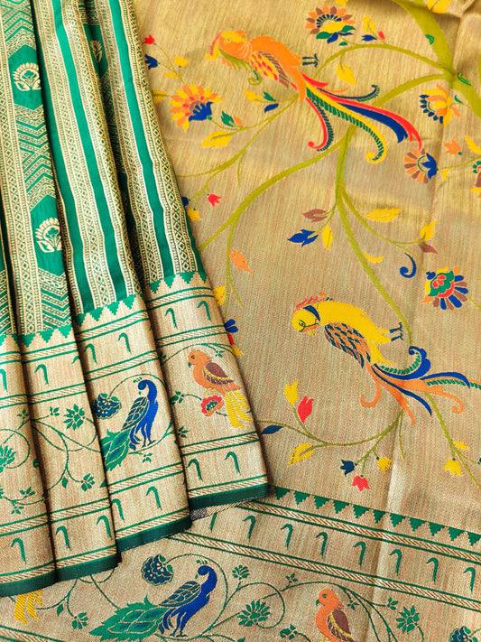 Banarsi Paithani Copper Zari Silk Saree- Parrot Green