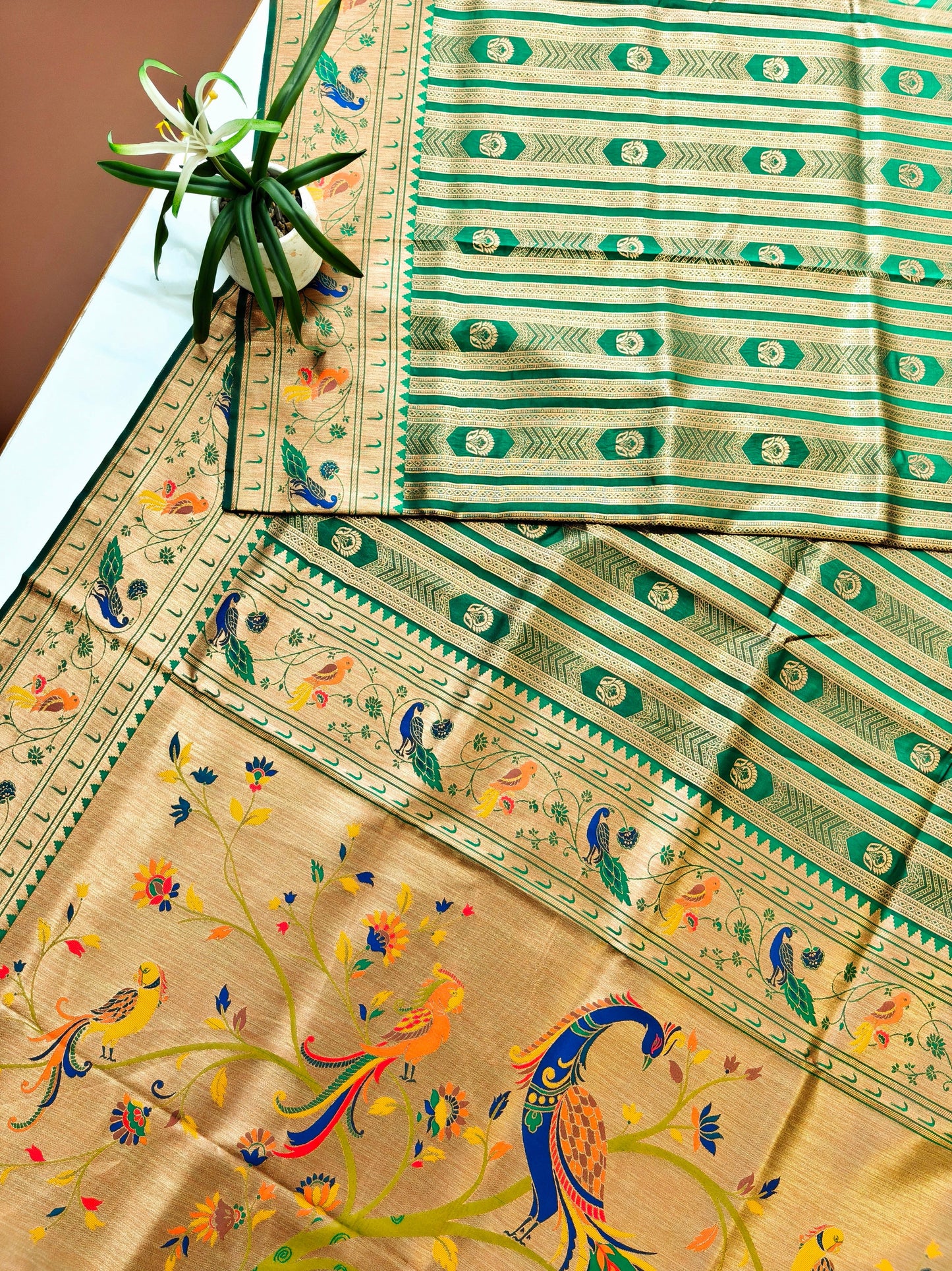 Banarsi Paithani Copper Zari Silk Saree- Parrot Green