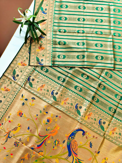 Banarsi Paithani Copper Zari Silk Saree- Parrot Green