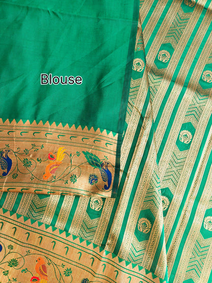 Banarsi Paithani Copper Zari Silk Saree- Parrot Green