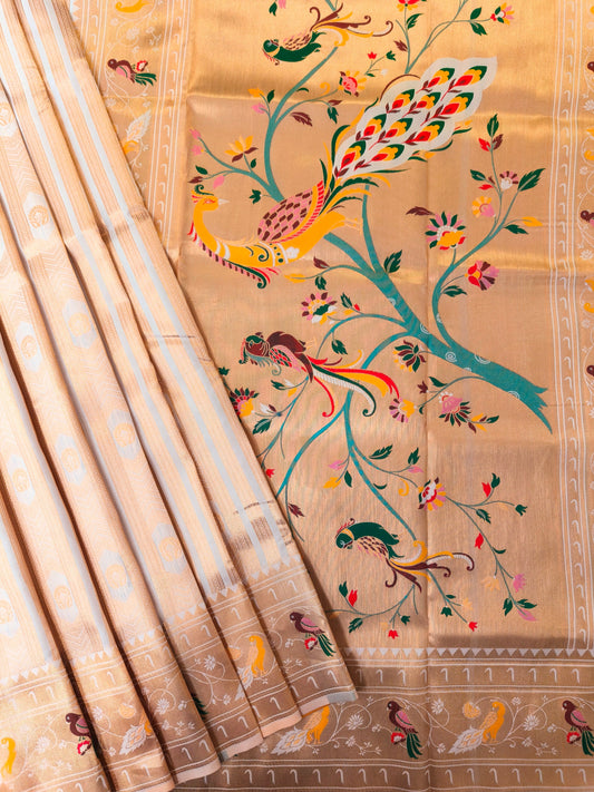 Banarsi Paithani Copper Zari Silk Saree- White