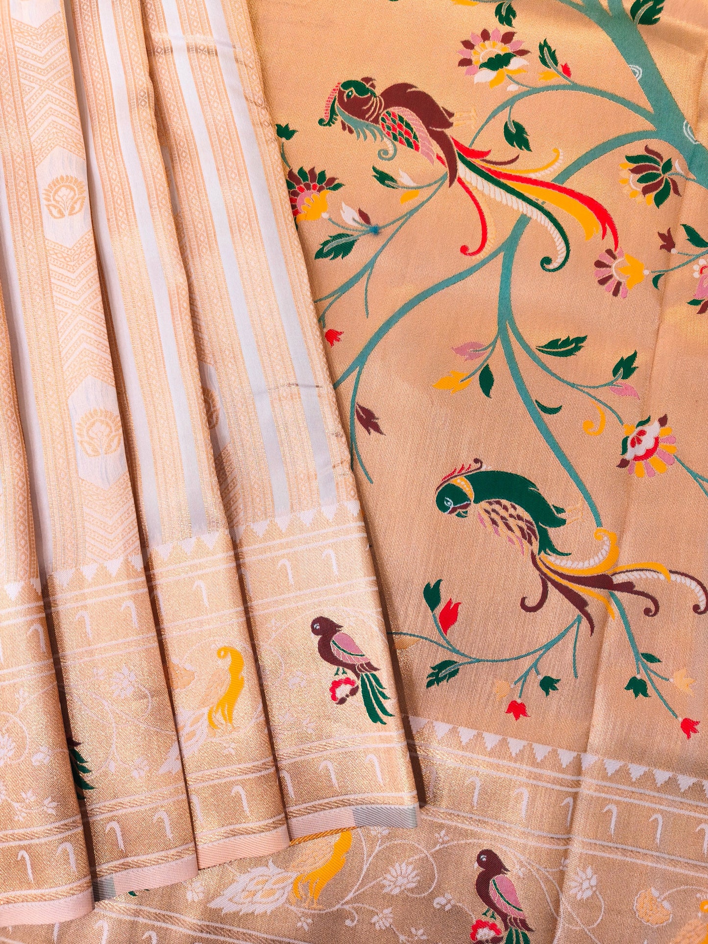 Banarsi Paithani Copper Zari Silk Saree- White