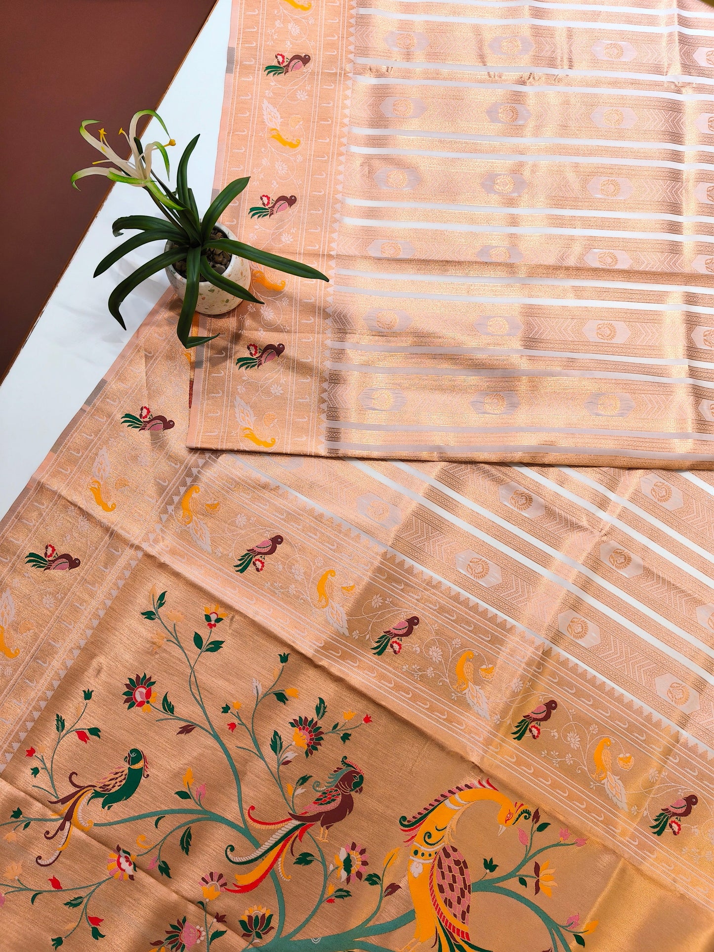 Banarsi Paithani Copper Zari Silk Saree- White