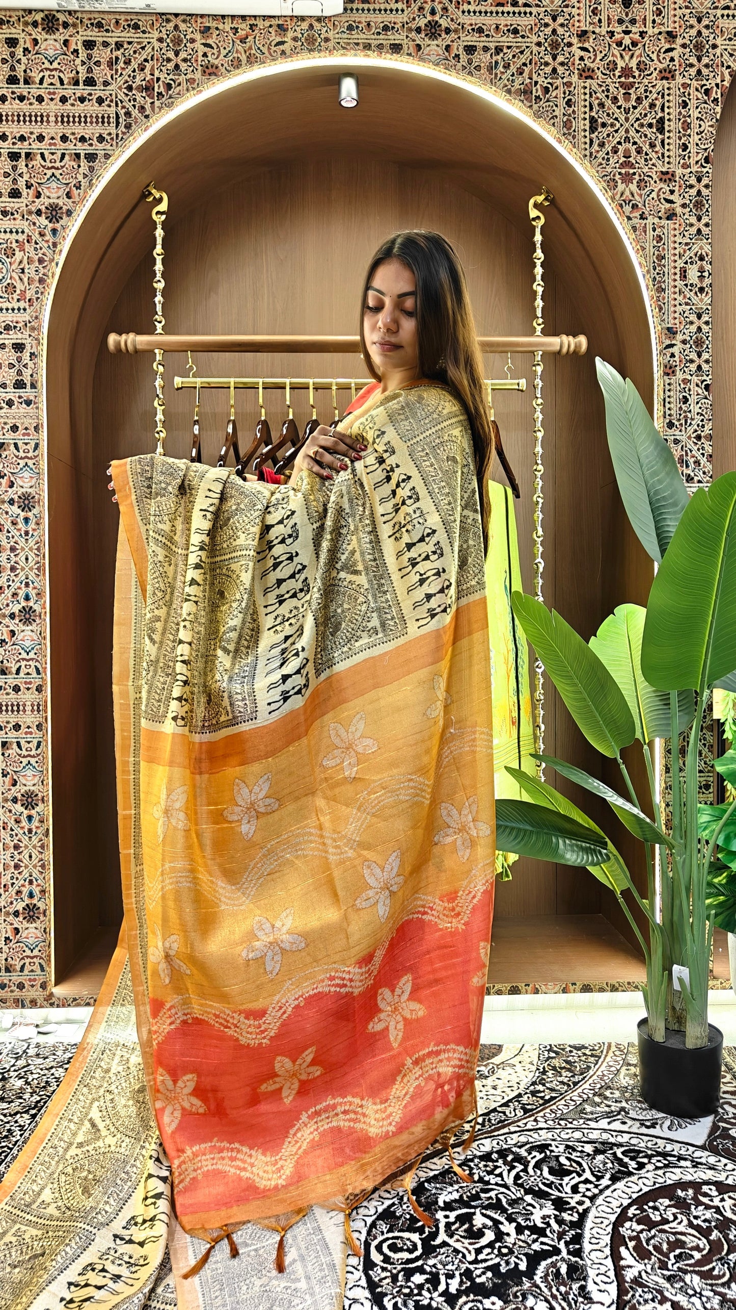 Tissue Tussar Zari Saree With Print Warli - ORANGE-RED