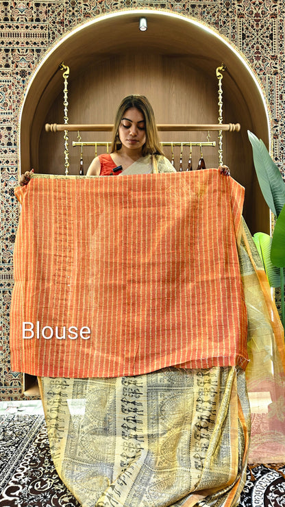 Tissue Tussar Zari Saree With Print Warli - ORANGE-RED