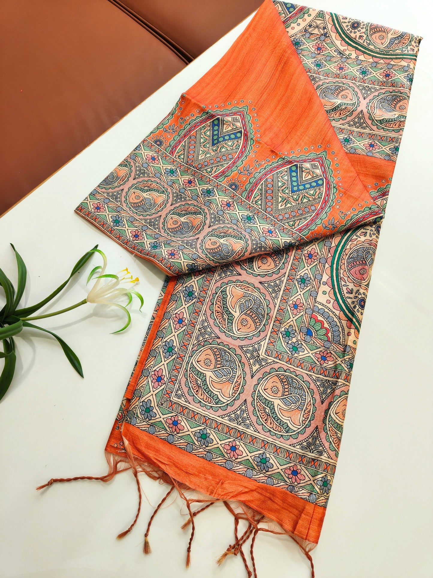 Tussar Silk Madhubani  -ORANGE