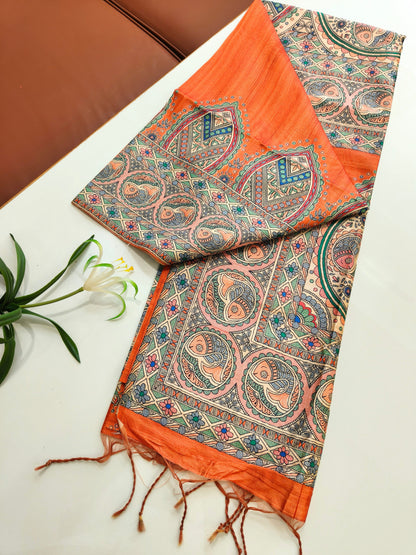 Tussar Silk Madhubani  -ORANGE