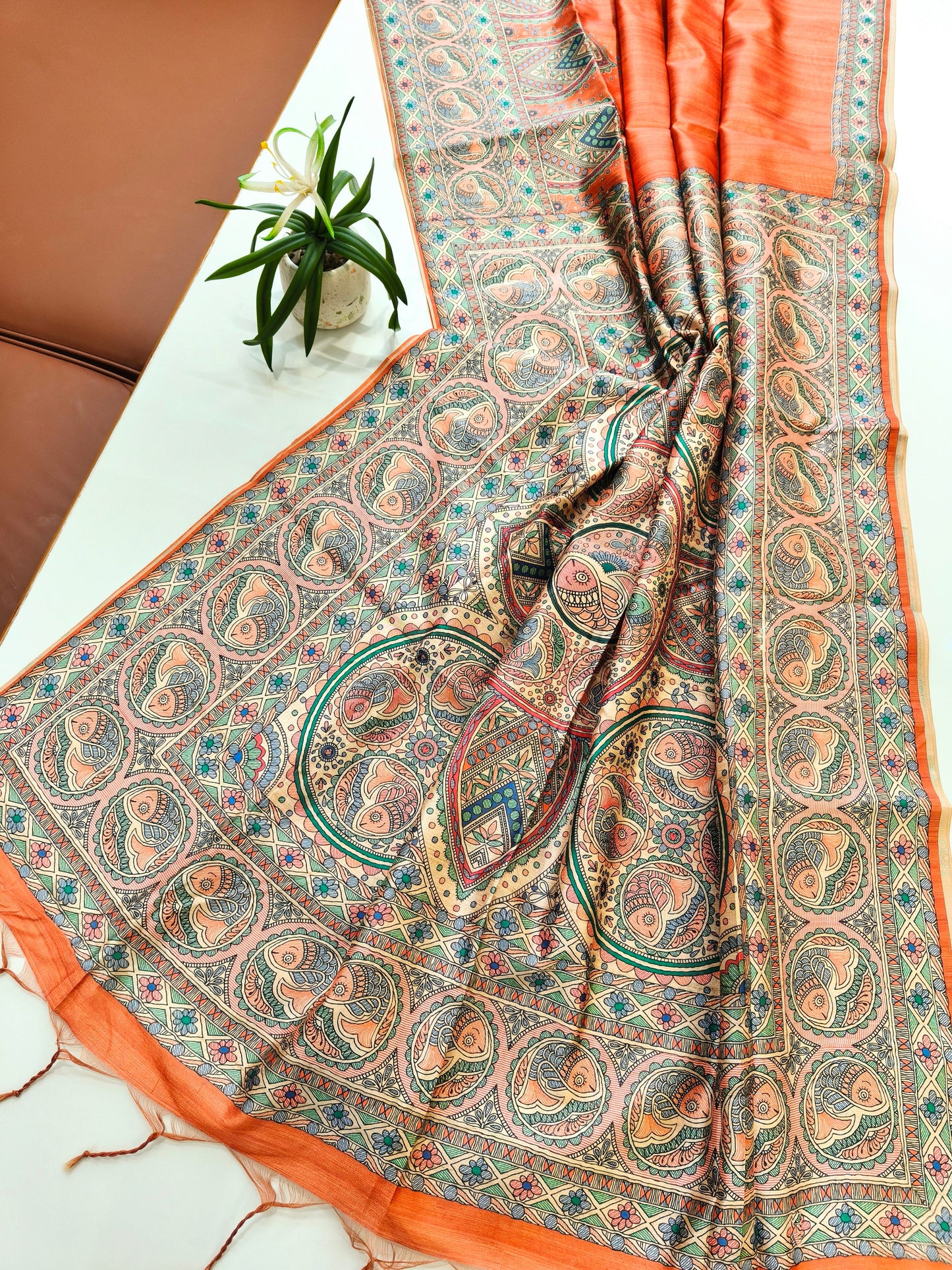 Tussar Silk Madhubani  -ORANGE