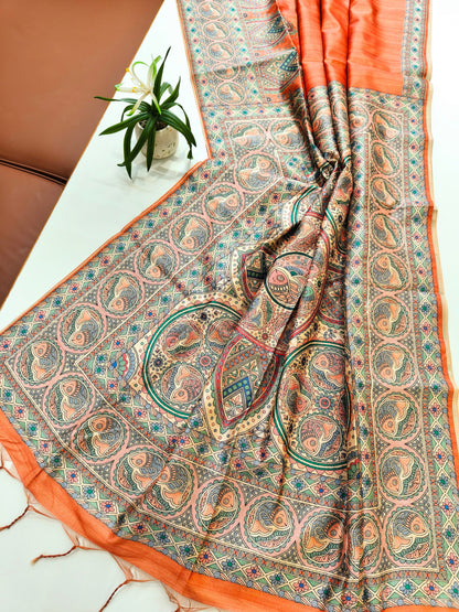 Tussar Silk Madhubani  -ORANGE