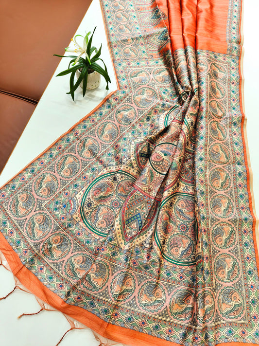 Tussar Silk Madhubani  -ORANGE