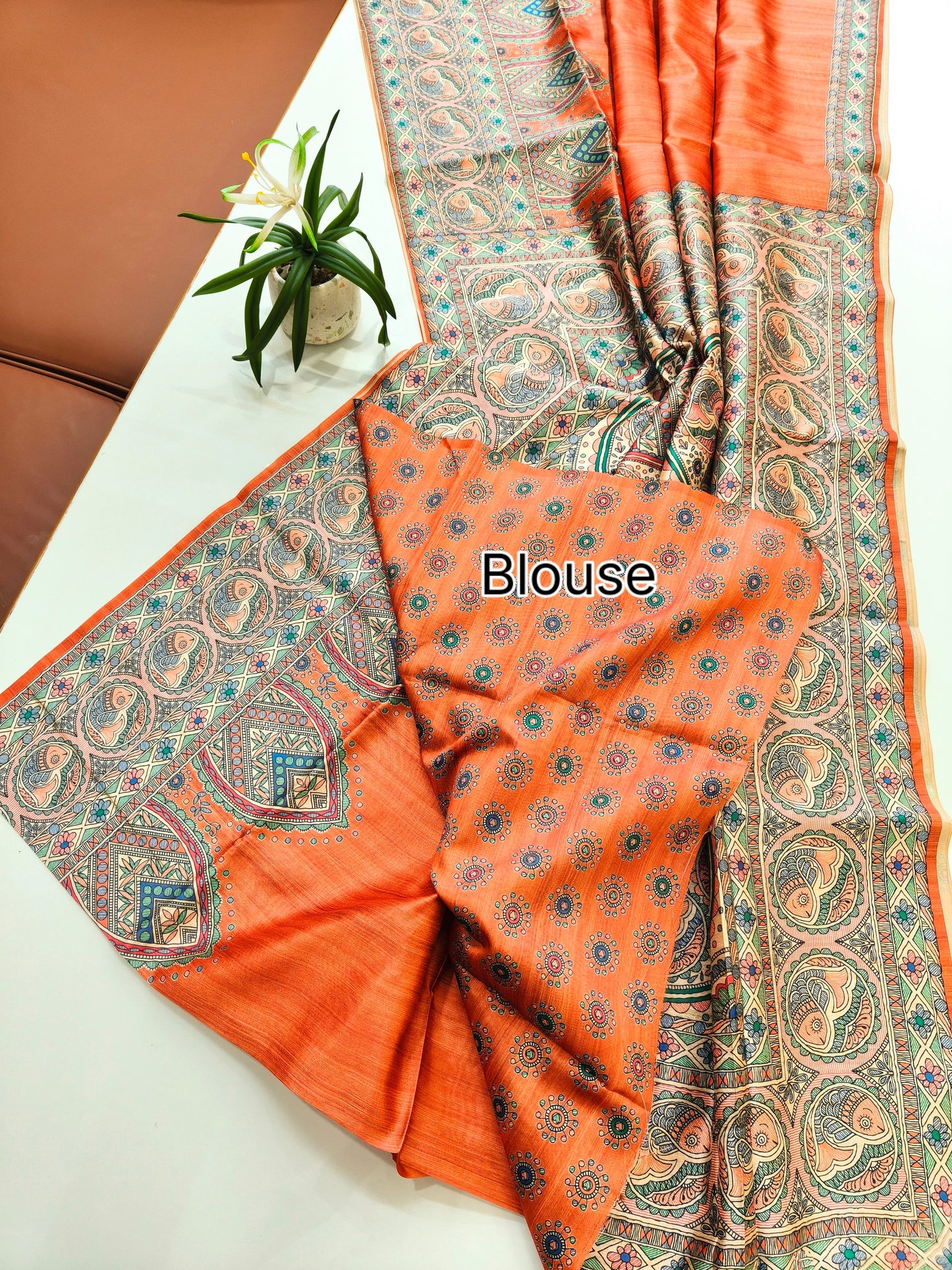 Tussar Silk Madhubani  -ORANGE