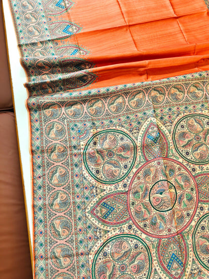 Tussar Silk Madhubani  -ORANGE