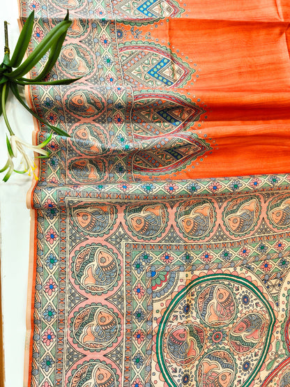 Tussar Silk Madhubani  -ORANGE