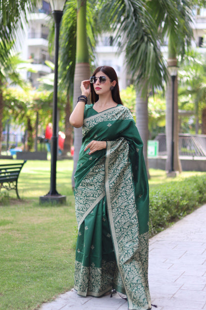 Handloom raw silk saree - DARK GREEN