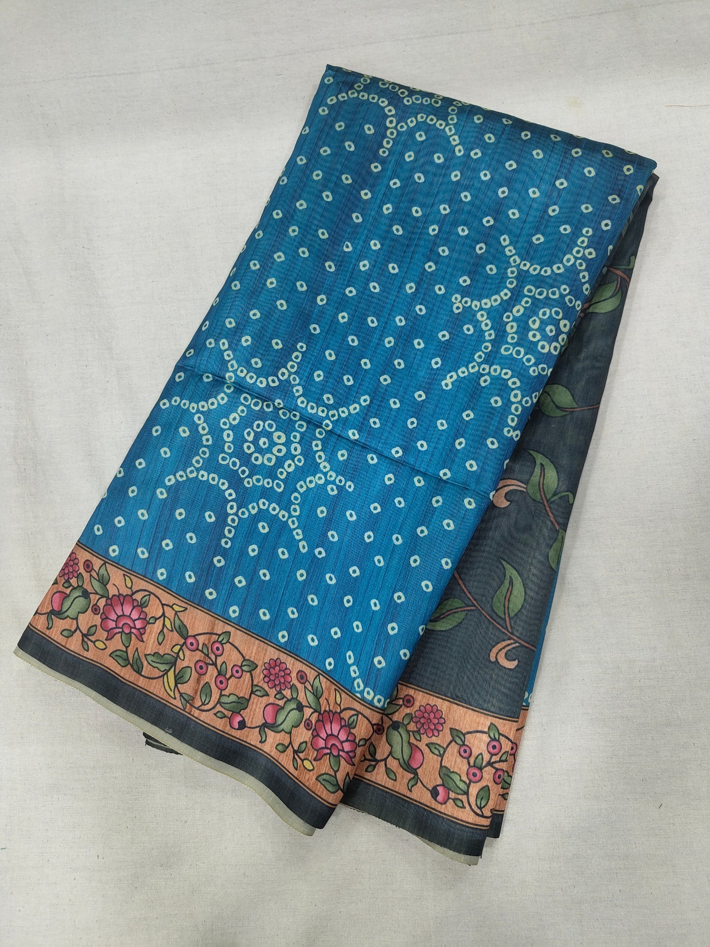 Soft Tussar Silk Saree with Bandhani print - BLUE