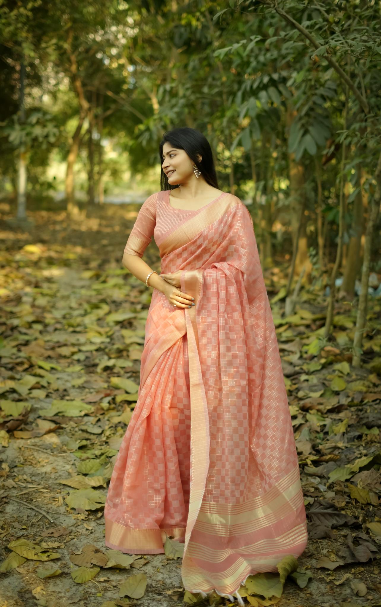 Tissue Zari Checks Soft Silk Saree - GAJRI