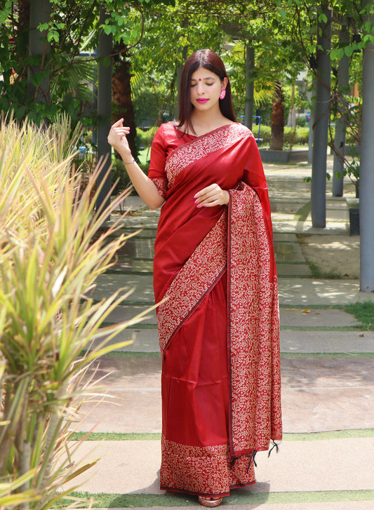 Handloom raw silk saree - RED