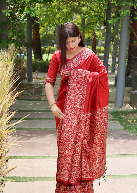 Handloom raw silk saree - RED