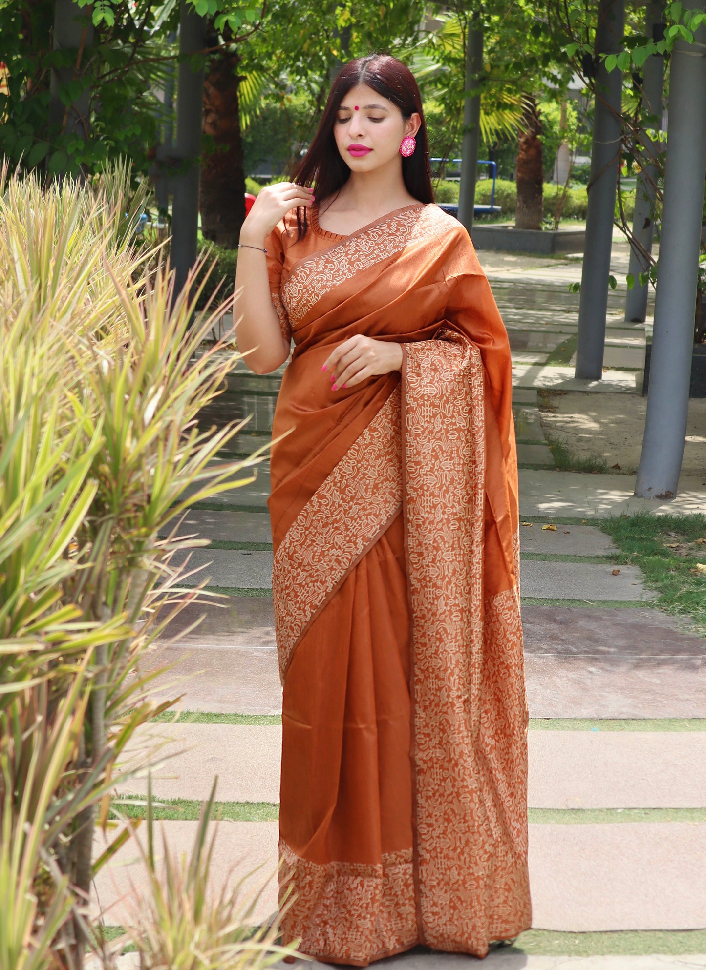 Handloom raw silk saree - ORANGE