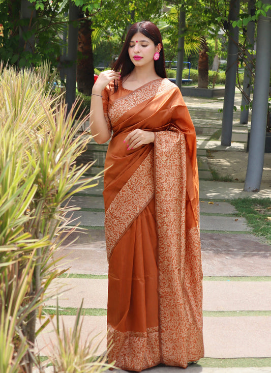 Handloom raw silk saree - ORANGE