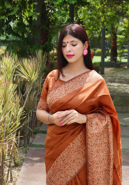 Handloom raw silk saree - ORANGE
