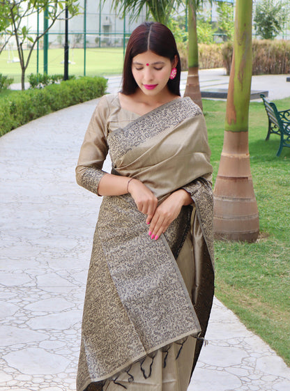 Handloom raw silk saree - CHIKU