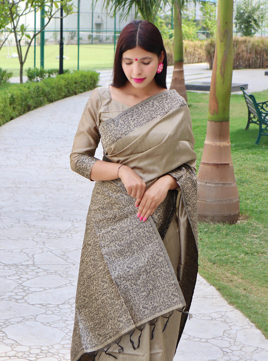 Handloom raw silk saree - CHIKU