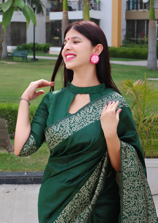 Handloom raw silk saree - GREEN