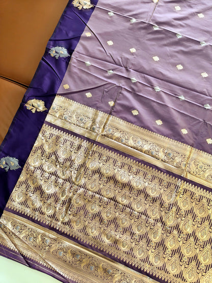 Banarasi Katan Silk Saree With Peacock Weaving  - LAVENDER