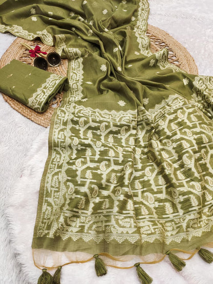 Graceful Chanderi Cotton Saree with Traditional Craft - MAHENDI