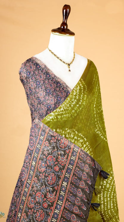 Soft Linen Cotton Heritage Print Saree for Women - Mahendi