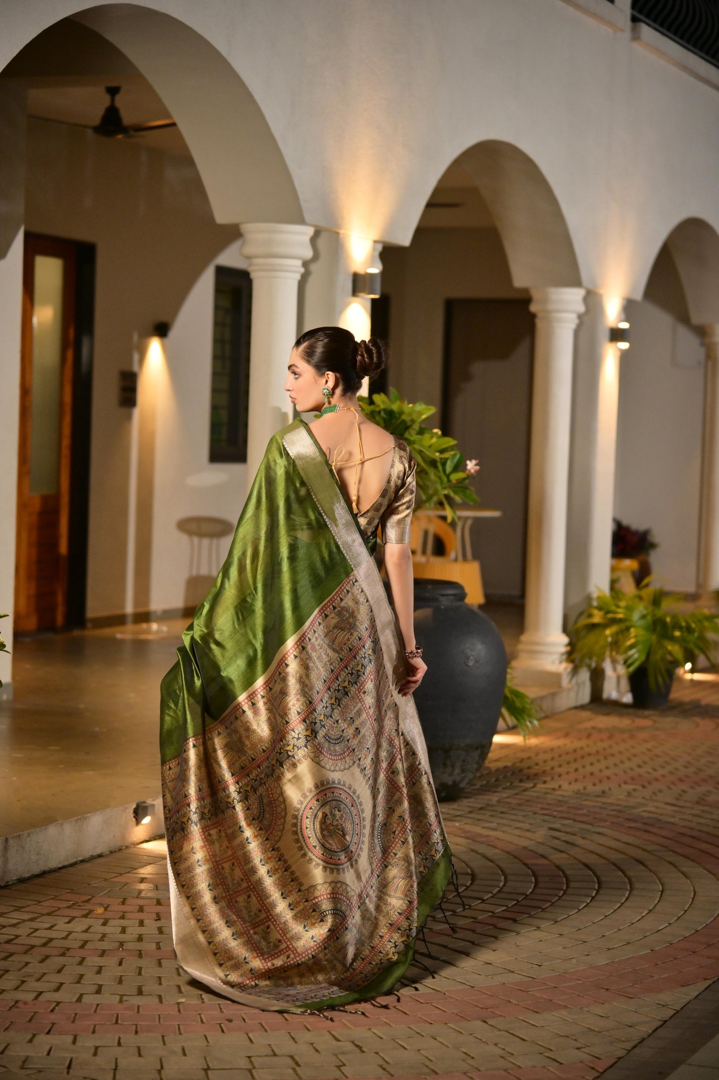 Soft Raw Silk Madhubani Printed Pallu - MAHENDI