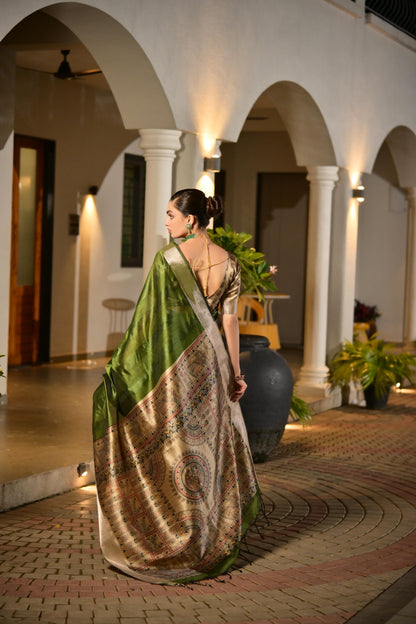 Soft Raw Silk Madhubani Printed Pallu - MAHENDI
