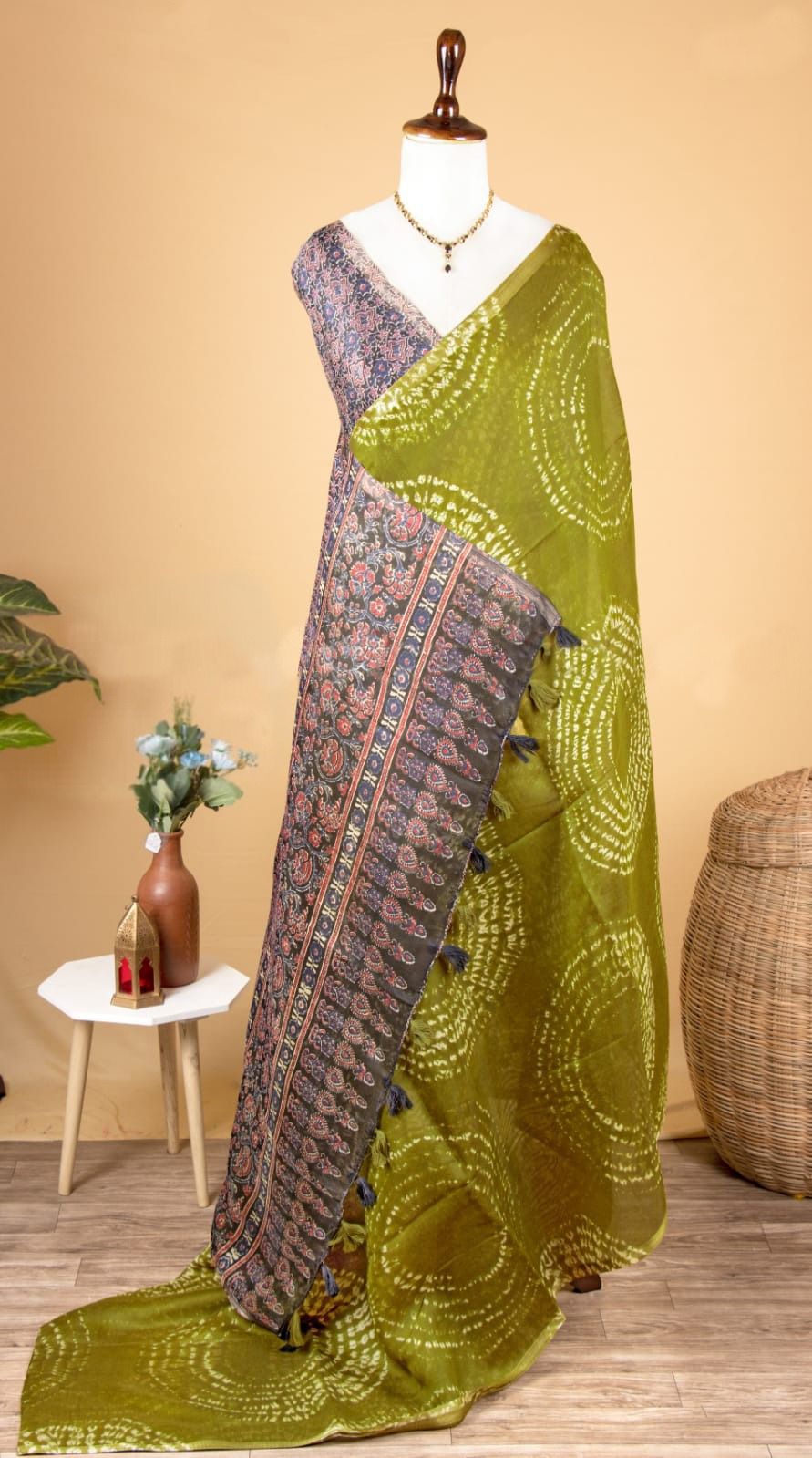 Soft Linen Cotton Heritage Print Saree for Women - Mahendi