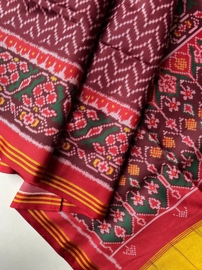 Soft Pure Patola Silk Double Ikat Printed Saree with Zari Stripe Border