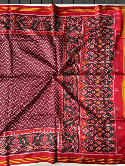 Soft Pure Patola Silk Double Ikat Printed Saree with Zari Stripe Border
