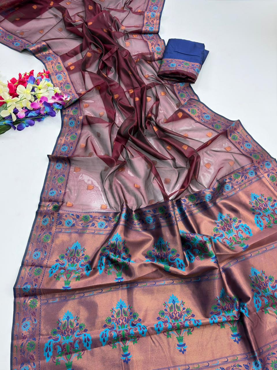 Royal Banarasi Saree with Contrast Blouse & Floral Motifs- MARRON
