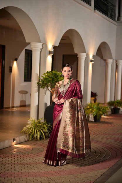 Soft Raw Silk Madhubani Printed Pallu - MARRON