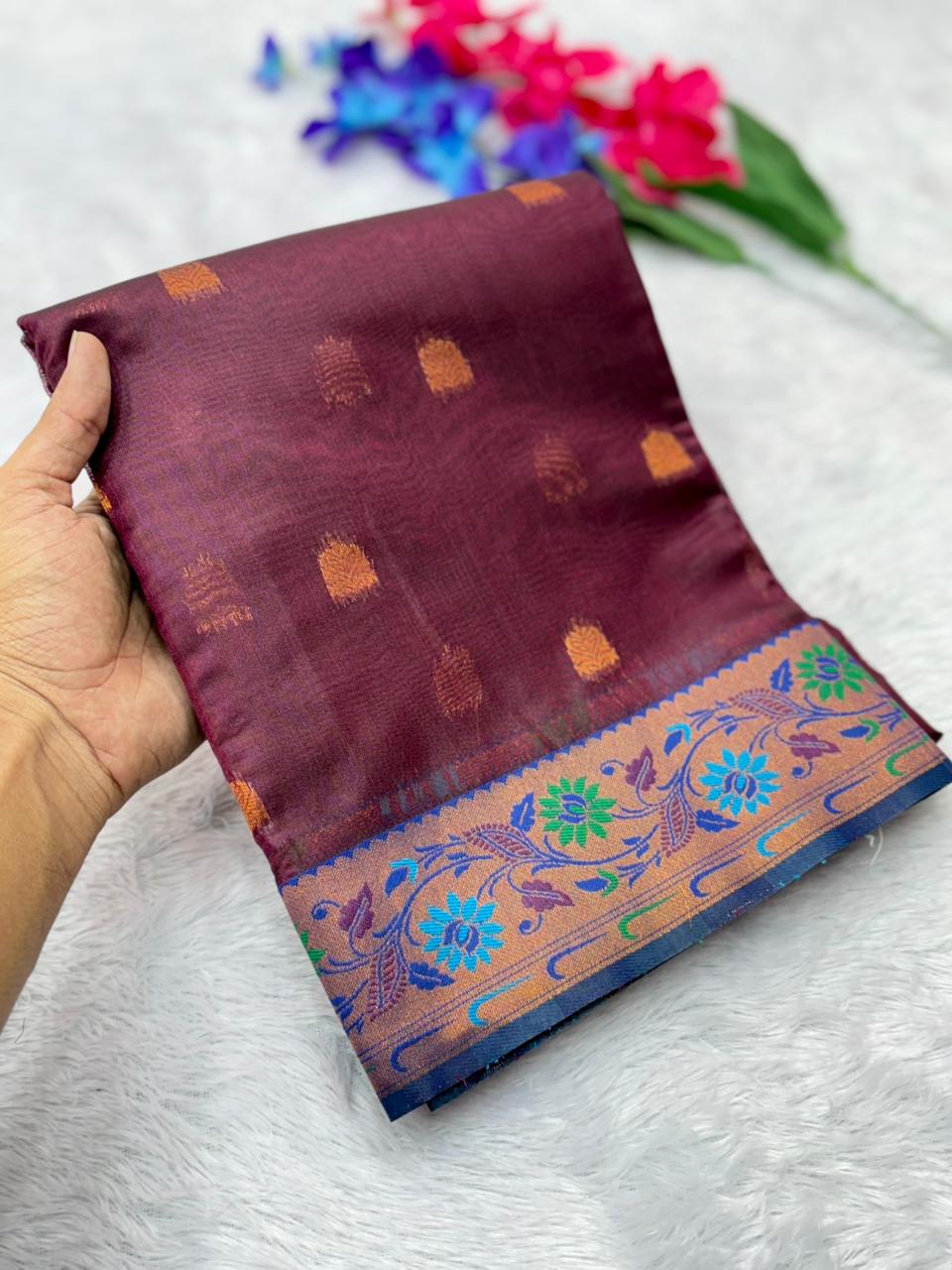 Royal Banarasi Saree with Contrast Blouse & Floral Motifs- MARRON