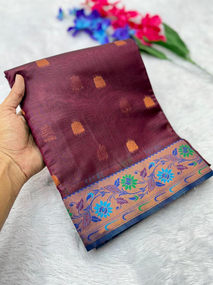 Royal Banarasi Saree with Contrast Blouse & Floral Motifs- MARRON