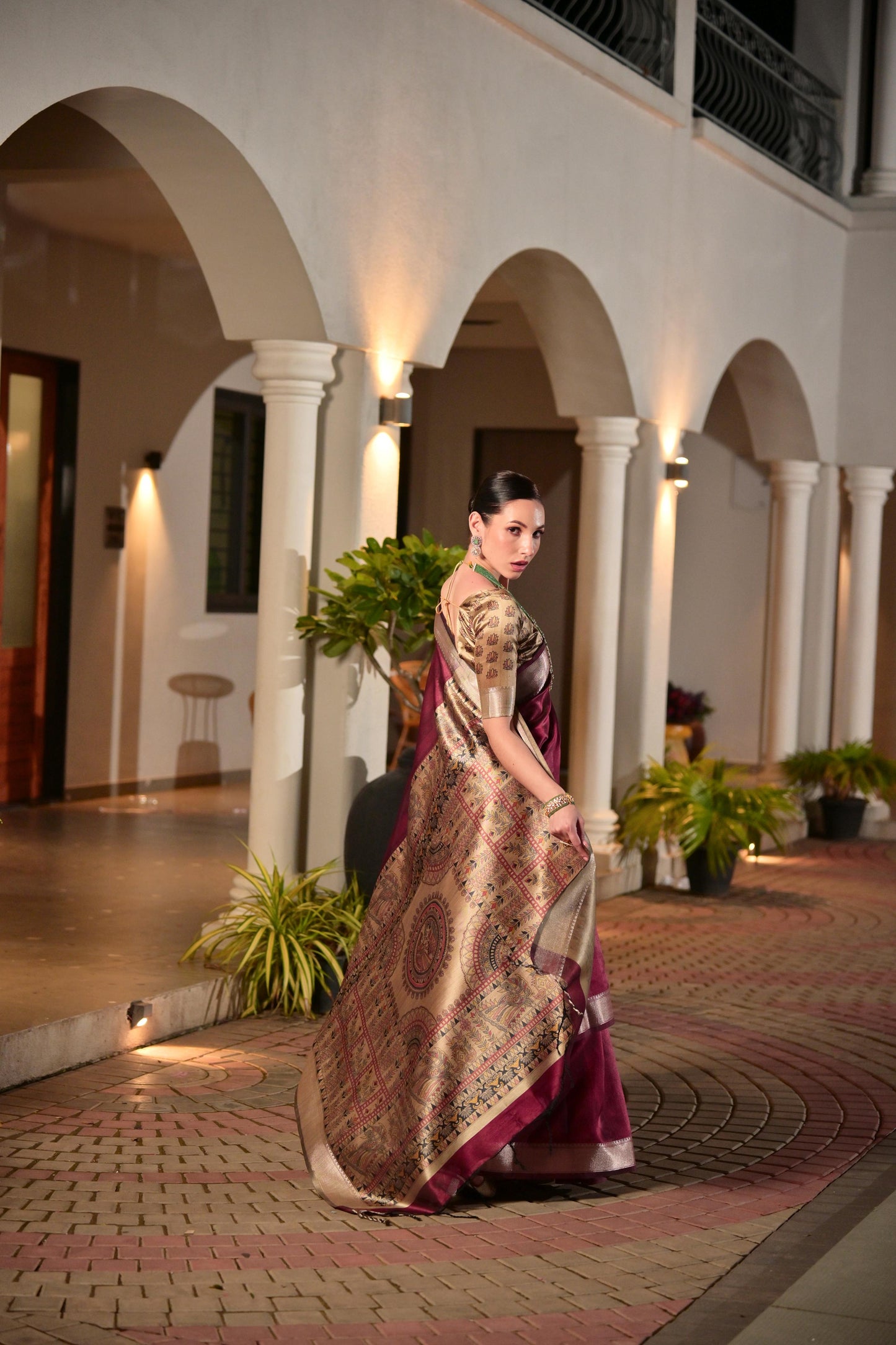Soft Raw Silk Madhubani Printed Pallu - MARRON