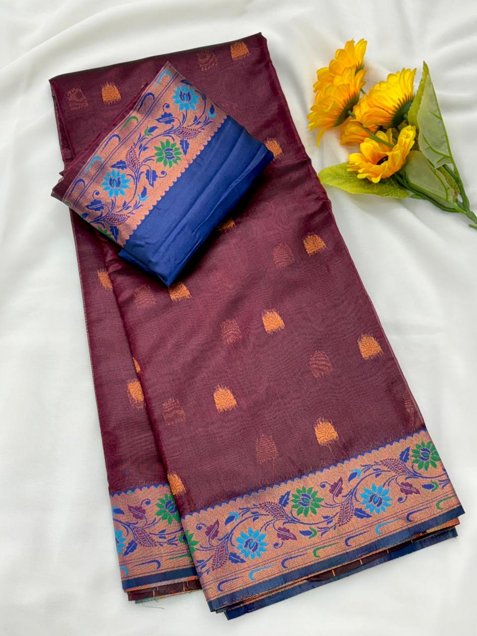 Royal Banarasi Saree with Contrast Blouse & Floral Motifs- MARRON