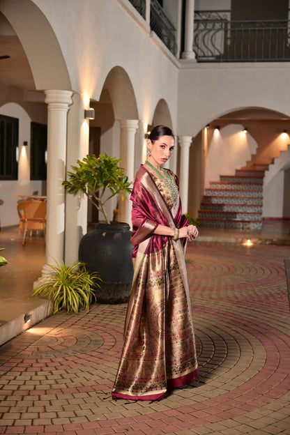 Soft Raw Silk Madhubani Printed Pallu - MARRON