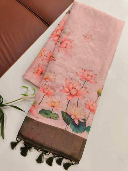 Elegant Organza Silk Saree with Floral Pallu and Stylish Tassels-MEHNDI